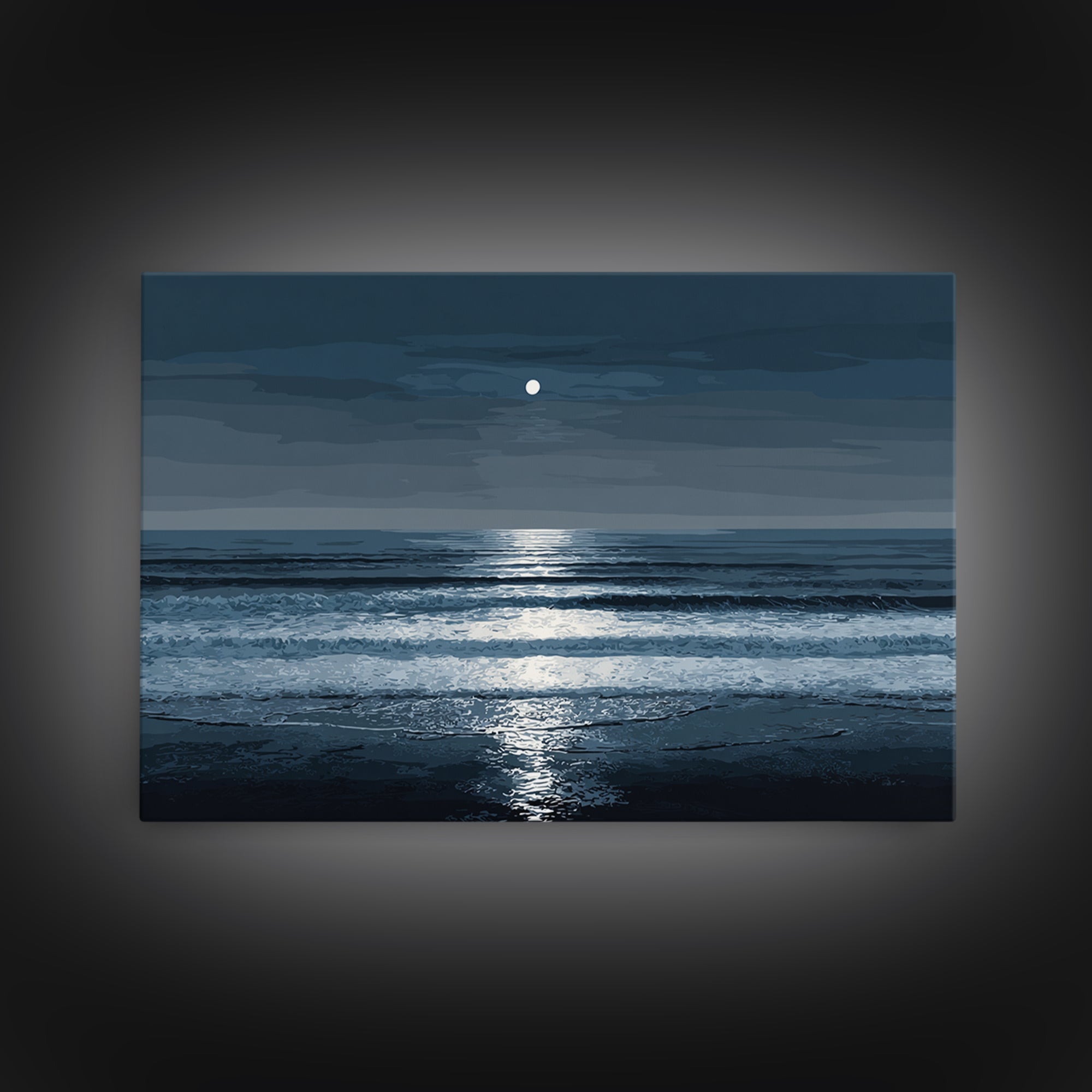 Moonlit Waves And Silver Reflection Framed Canvas Print, Blue Ocean Wall Art, Modern Coastal Bedroom Decor, Seascape Poster