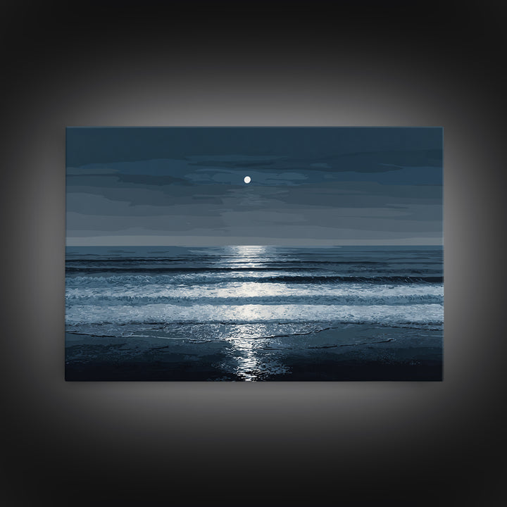 Moonlit Waves And Silver Reflection Framed Canvas Print, Blue Ocean Wall Art, Modern Coastal Bedroom Decor, Seascape Poster