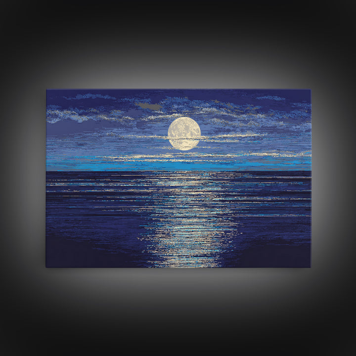Full Moon Over Deep Blue Water With Glow Wall Art, Modern Coastal Seascape Print, Textured Ocean Decor For Bedroom And Living Room