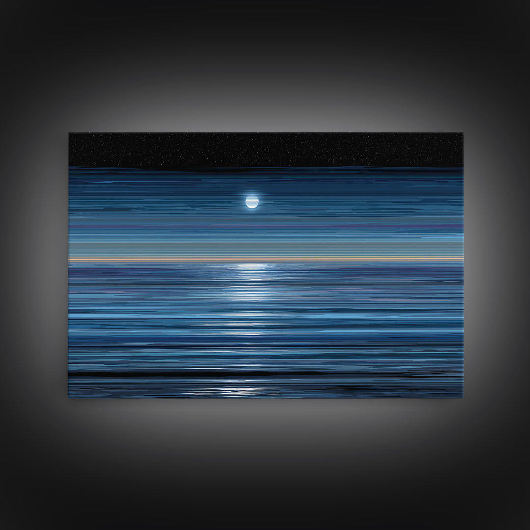 Starry Night Moon Above Blue Horizon Canvas Print, Modern Coastal Wall Art, Minimal Ocean Poster For Bedroom And Living Room Decor