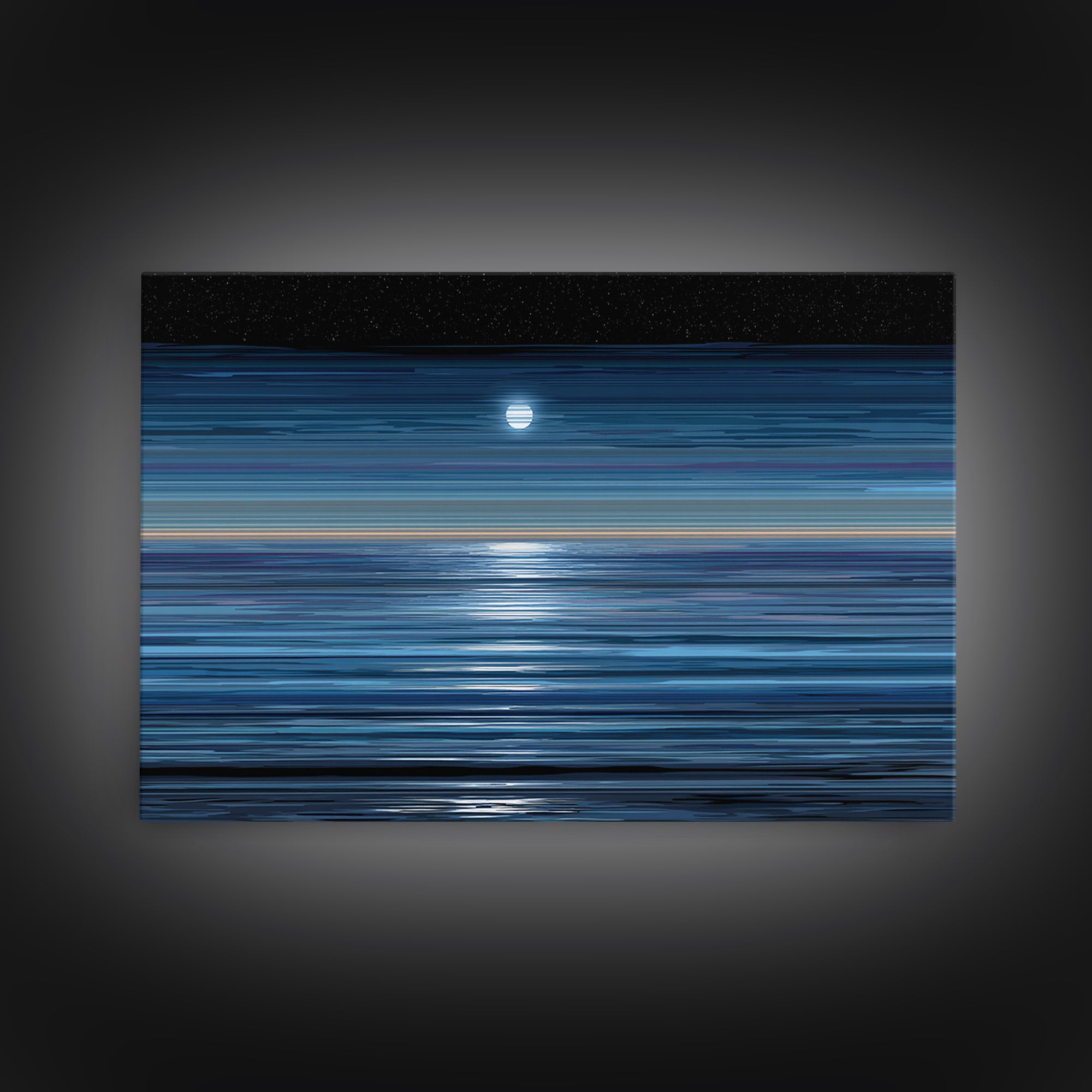 Starry Night Moon Above Blue Horizon Canvas Print, Modern Coastal Wall Art, Minimal Ocean Poster For Bedroom And Living Room Decor