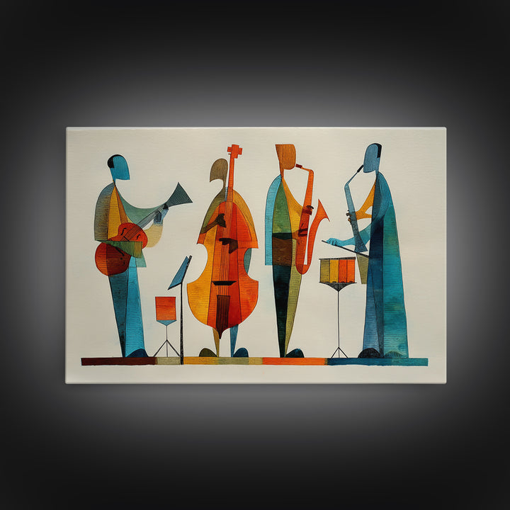 Minimalist Woodcut Jazz Band With Bass And Drums Framed Canvas Print, Midcentury Modern Wall Art, Scandinavian MCM Decor
