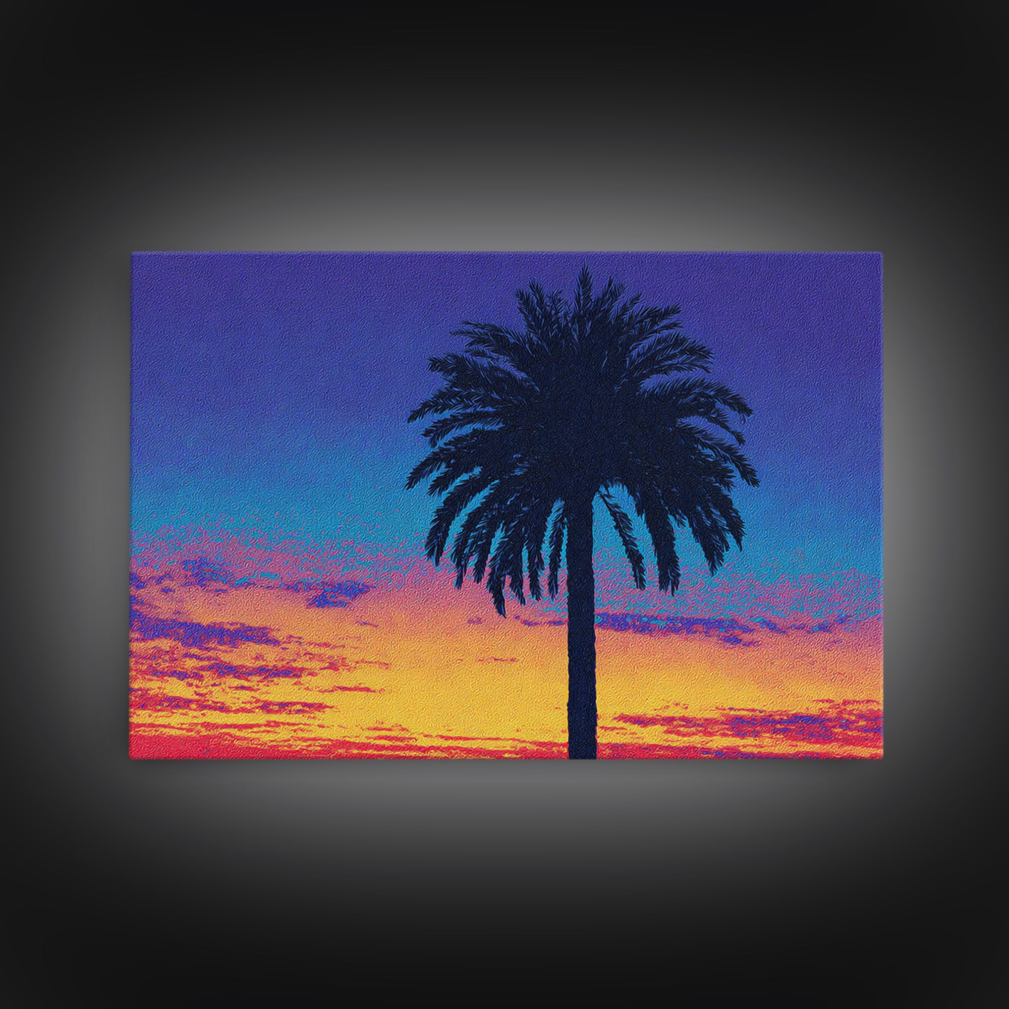 Palm Tree Silhouette At Purple Orange Sunset Wall Art, Retro Tropical Poster, Midcentury Modern Coastal Home Decor, Palm Springs