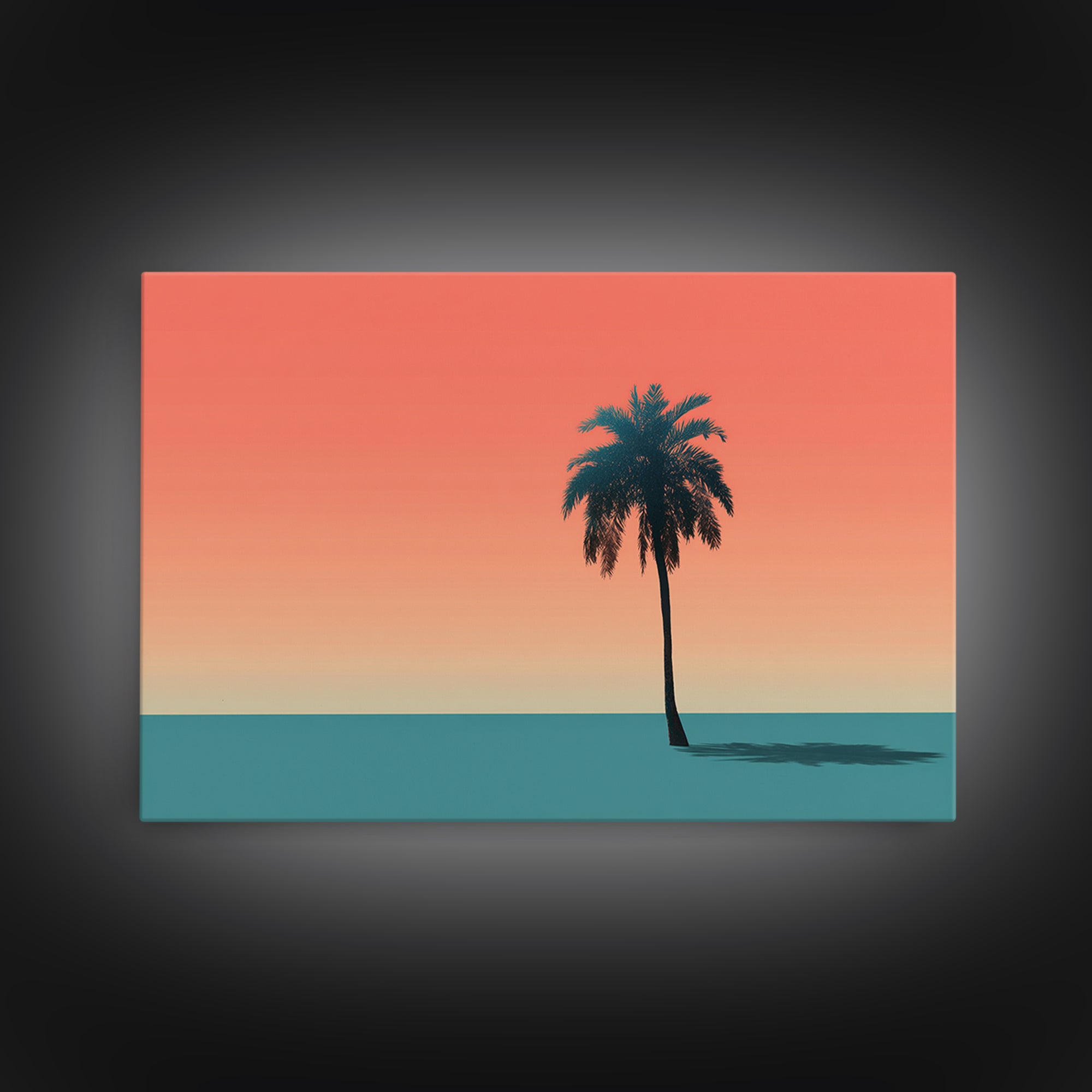 Minimal Palm Tree Shadow Wall Art, Modern Tropical Canvas Print, Teal Orange Sunset Decor, Palm Springs Home Art, Retro Wall Decor