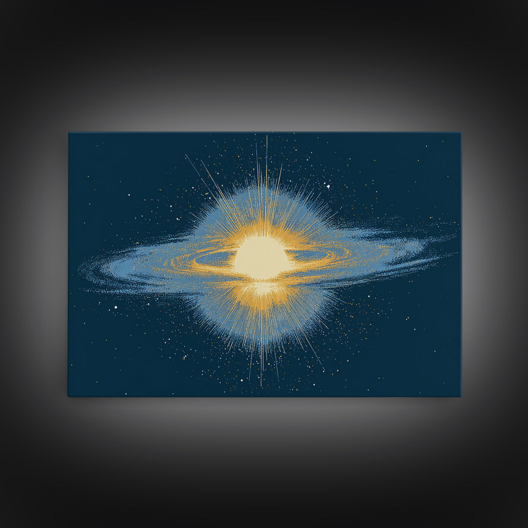 Glowing Galaxy Ring Wall Art, Cosmic Abstract Canvas Print, Space Poster, Modern Digital Art, Blue Gold Star Decor, Sci Fi Wall Art