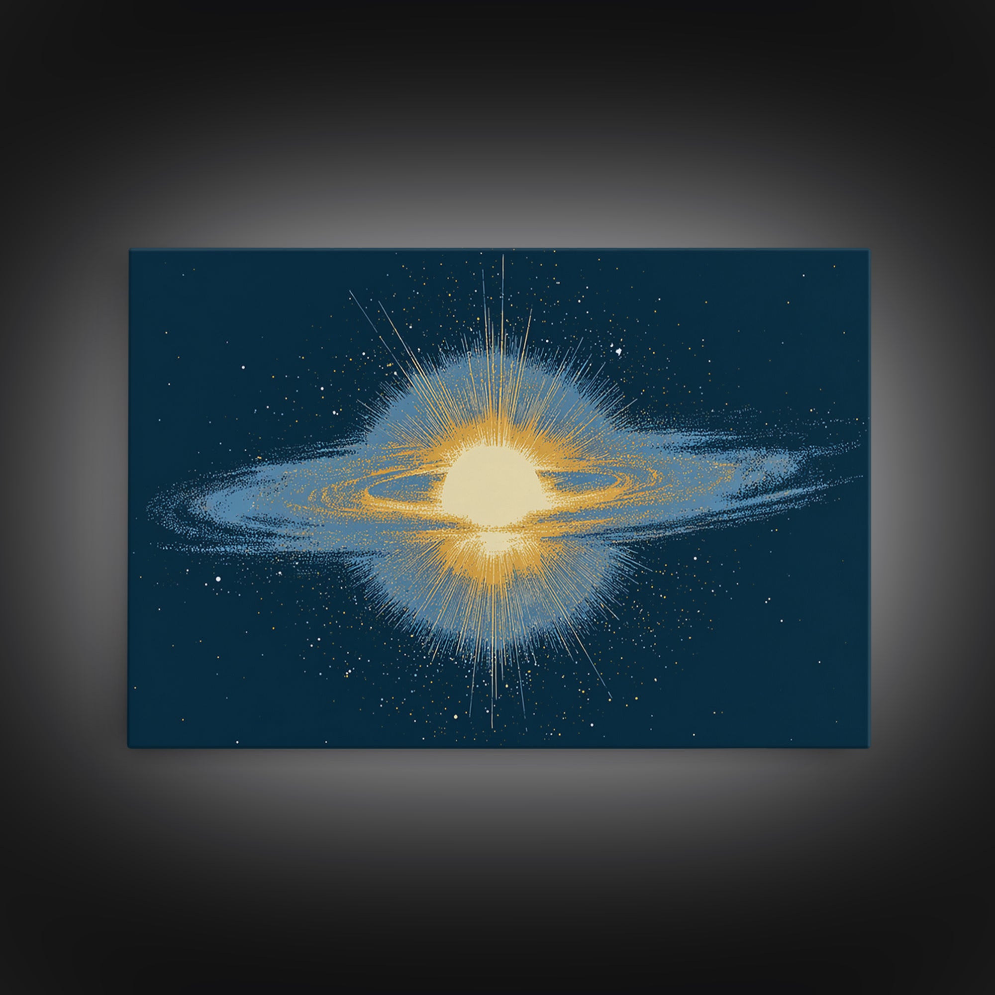 Glowing Galaxy Ring Wall Art, Cosmic Abstract Canvas Print, Space Poster, Modern Digital Art, Blue Gold Star Decor, Sci Fi Wall Art