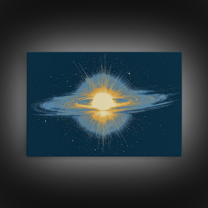Glowing Galaxy Ring Wall Art, Cosmic Abstract Canvas Print, Space Poster, Modern Digital Art, Blue Gold Star Decor, Sci Fi Wall Art