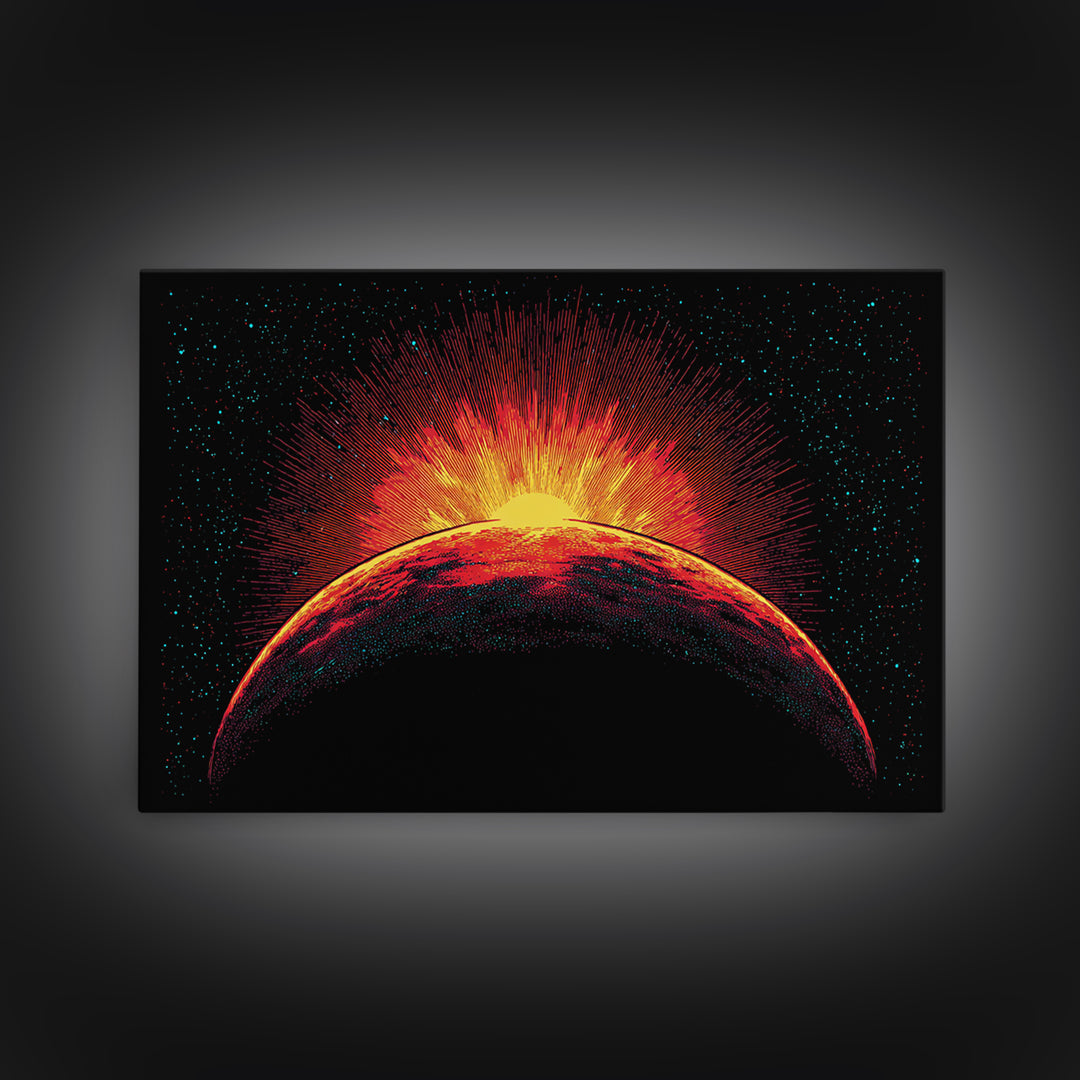 Fiery Red Planet Sunrise Wall Art, Retro Sci Fi Canvas Print, Cosmic Space Poster, Orange Black Modern Home Decor, Art Print