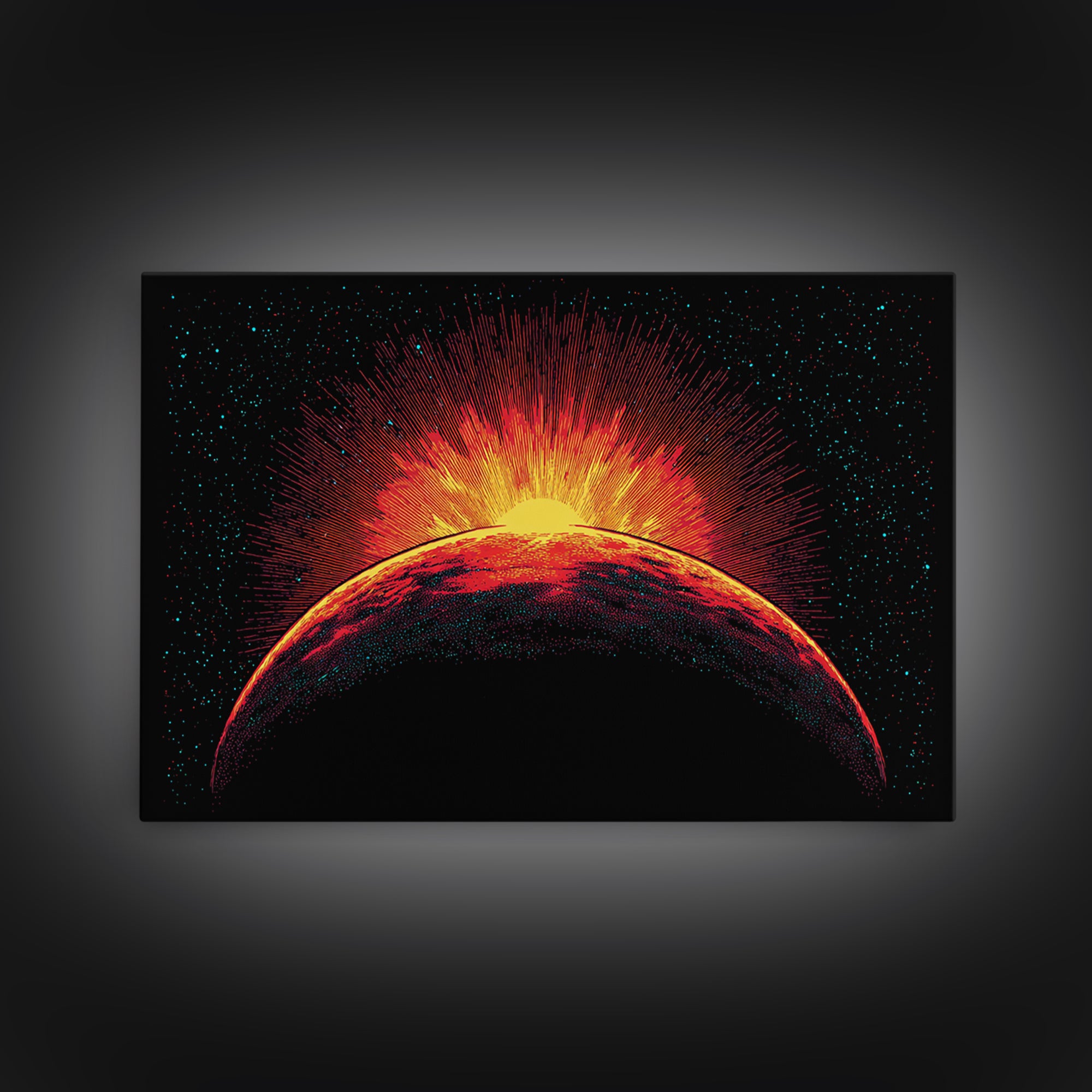 Fiery Red Planet Sunrise Wall Art, Retro Sci Fi Canvas Print, Cosmic Space Poster, Orange Black Modern Home Decor, Art Print