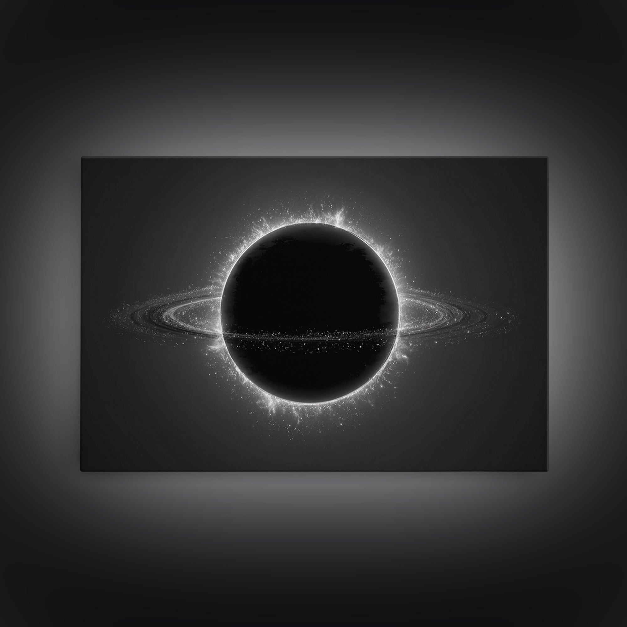 Black Eclipse Ringed Planet Wall Art, Monochrome Space Canvas Print, Modern Abstract Art, Sci Fi Home Office Decor, Poster