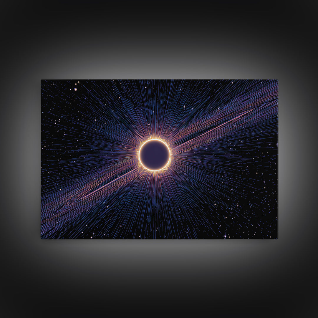 Radiant Solar Eclipse Wall Art, Cosmic Starburst Canvas Print, Space Abstract Poster, Modern Sci Fi Galaxy Decor, Blue Wall Art