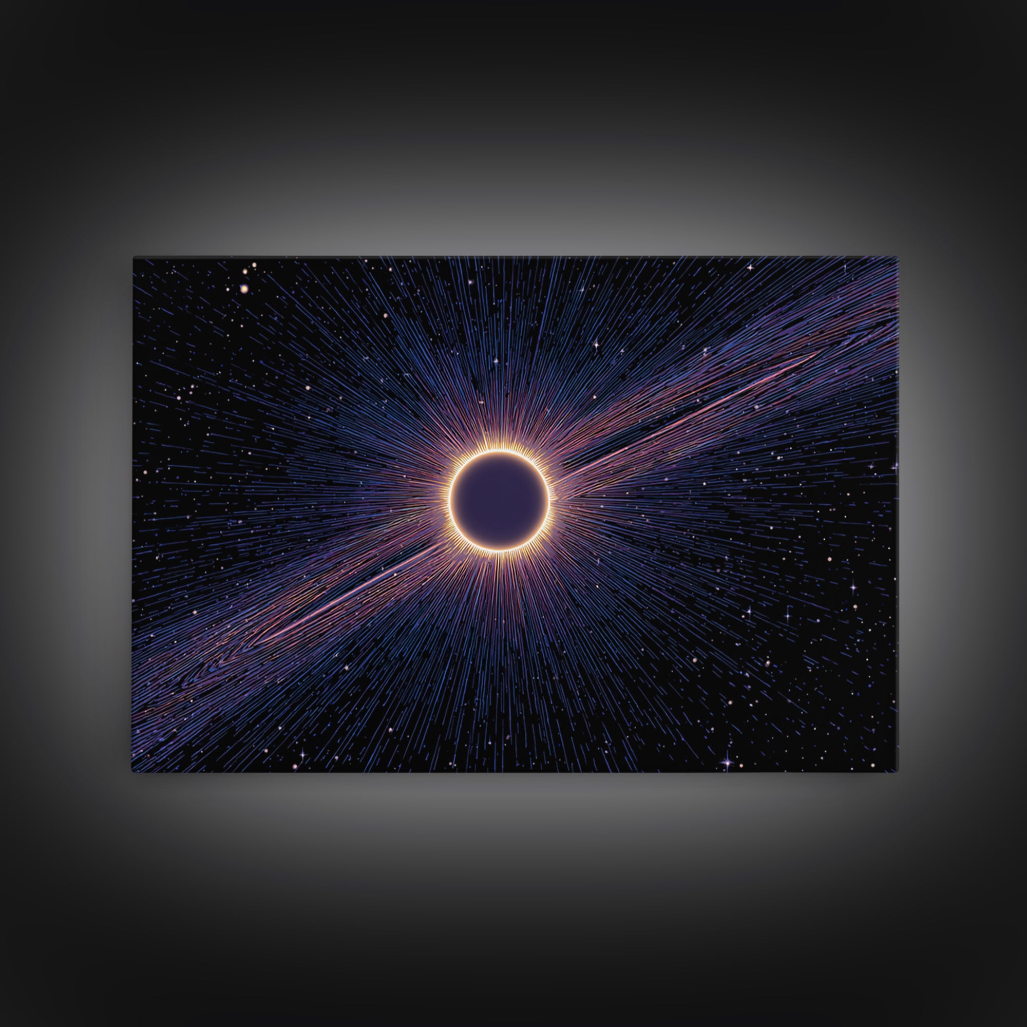 Radiant Solar Eclipse Wall Art, Cosmic Starburst Canvas Print, Space Abstract Poster, Modern Sci Fi Galaxy Decor, Blue Wall Art