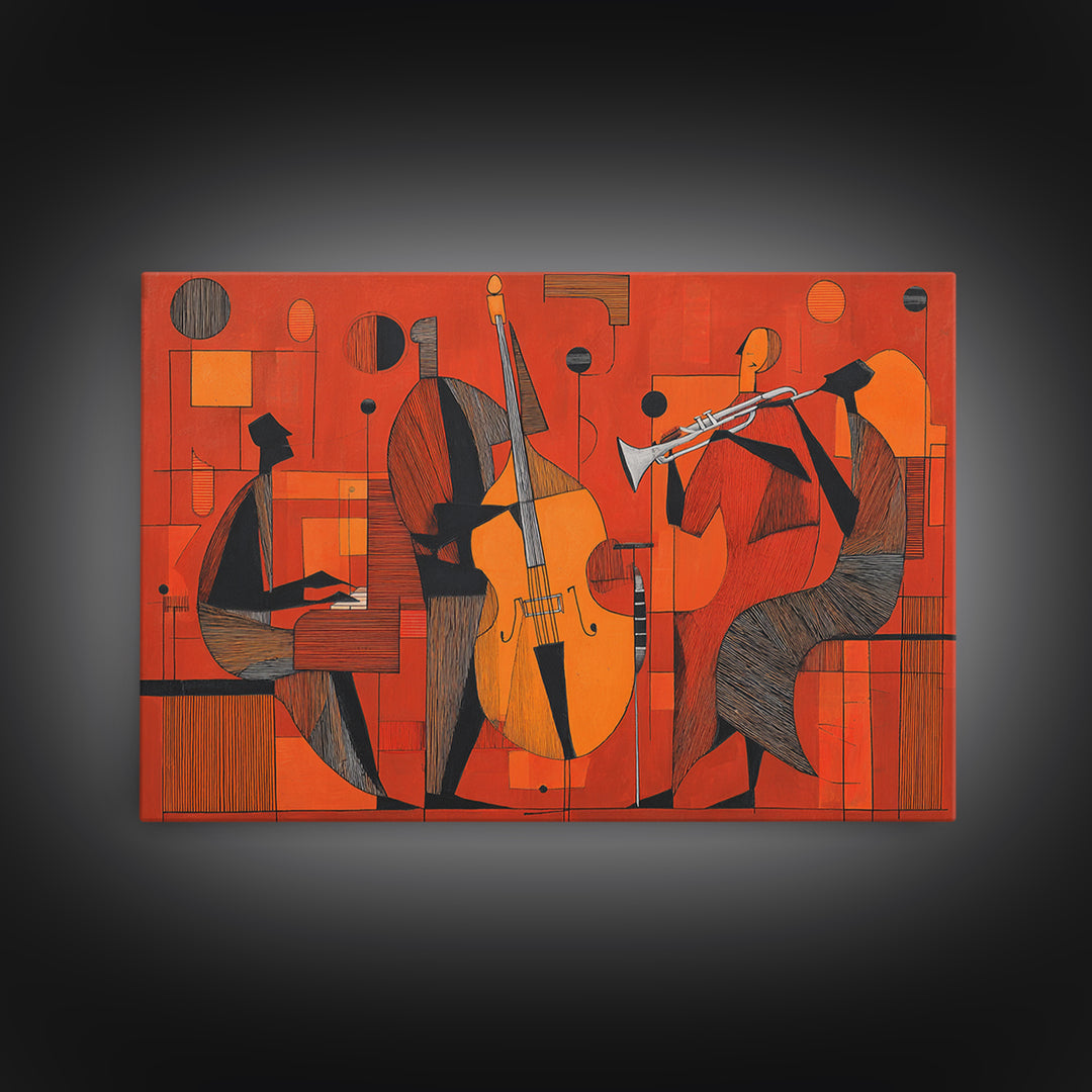 Orange Cubist Jazz Trio With Piano Bass And Trumpet Wall Art, Midcentury Modern Art Print, Atomic Music Room Retro Decor