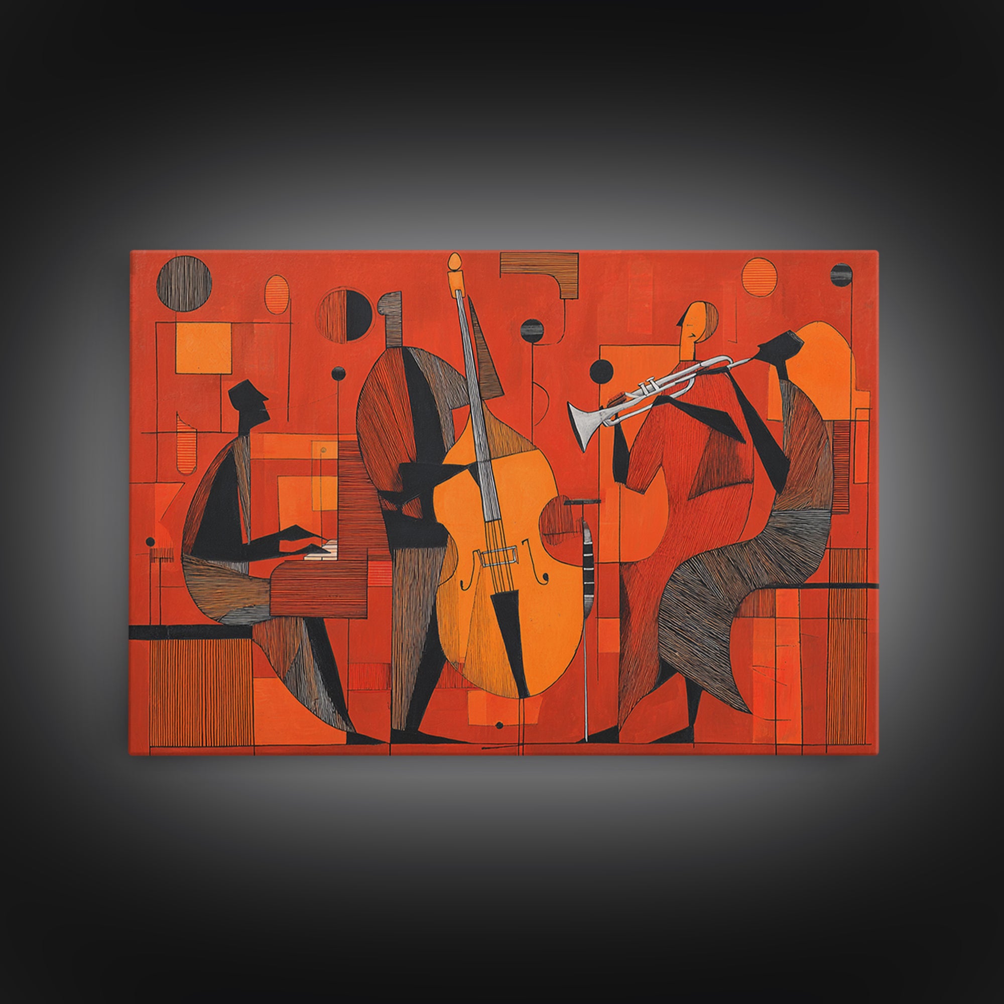 Orange Cubist Jazz Trio With Piano Bass And Trumpet Wall Art, Midcentury Modern Art Print, Atomic Music Room Retro Decor