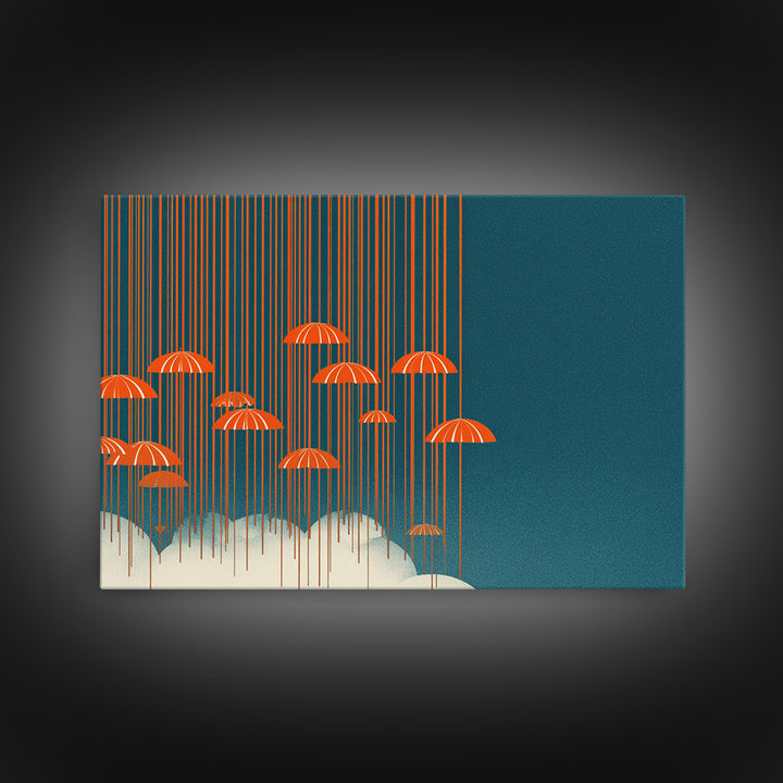 Orange Umbrella Rainfall Canvas Print, Teal Sky Cloudscape Wall Decor, Midcentury Modern Art, Retro Graphic Poster For Living Room