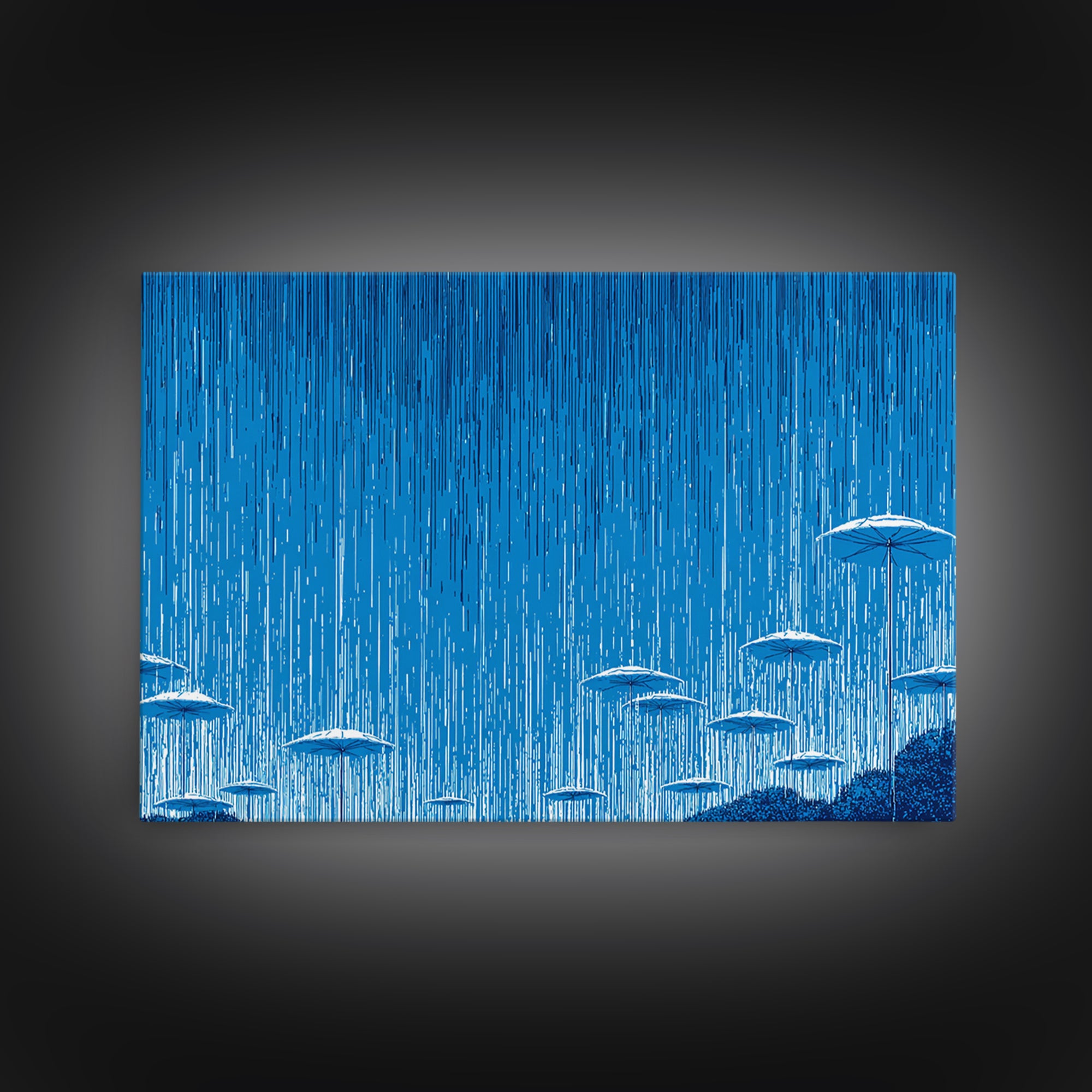 Blue Monsoon Umbrella Rain Wall Art, White Parasol Storm Scene, Modern Abstract Art Print, Coastal Bedroom Wall Decor Poster
