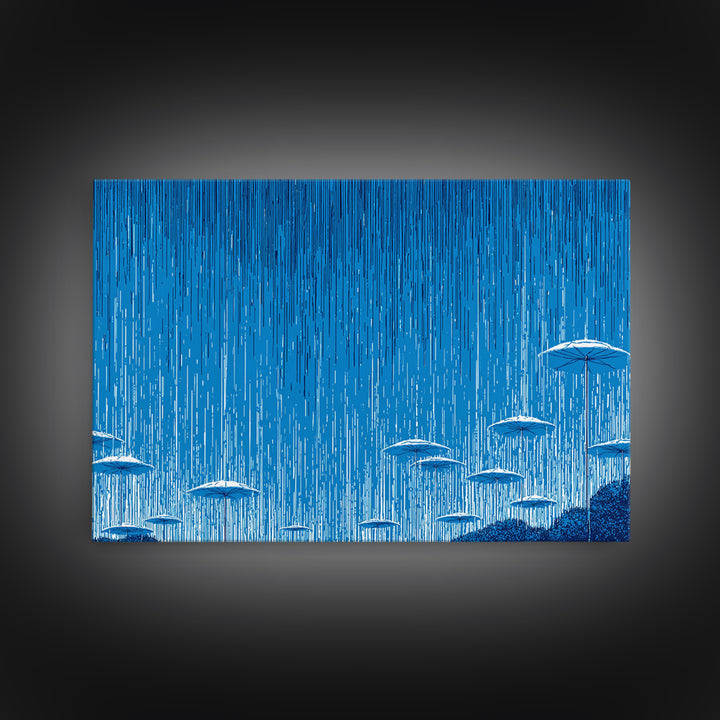 Blue Monsoon Umbrella Rain Wall Art, White Parasol Storm Scene, Modern Abstract Art Print, Coastal Bedroom Wall Decor Poster