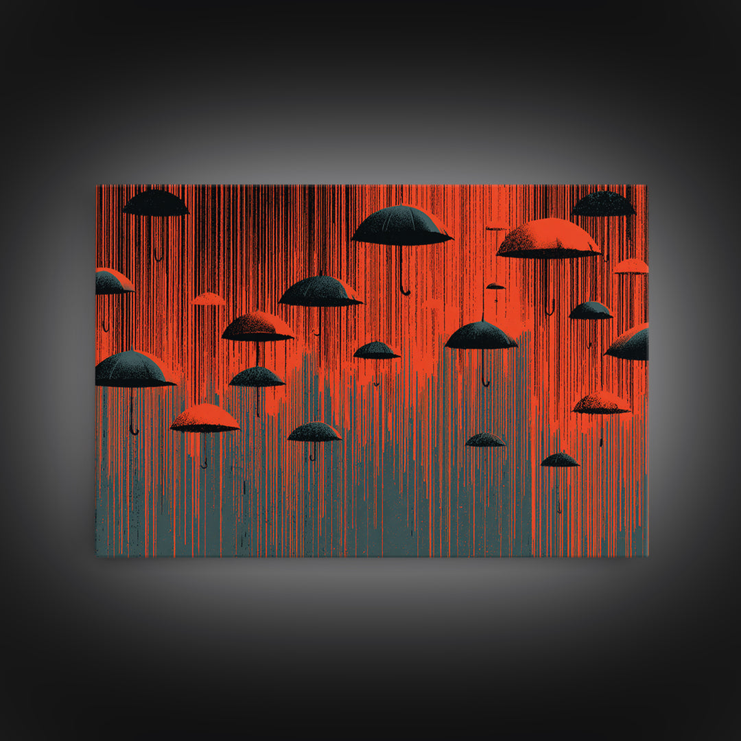 Red And Black Umbrella Storm Framed Canvas Print, Dramatic Rain Wall Art, Modern Abstract Poster, Bold MCM Wall Decor Print