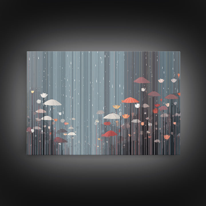 Soft Gray Floral Umbrella Rain Wall Art, Moody Botanical Storm Scene, Modern Home Decor, Bedroom Framed Canvas Print Poster