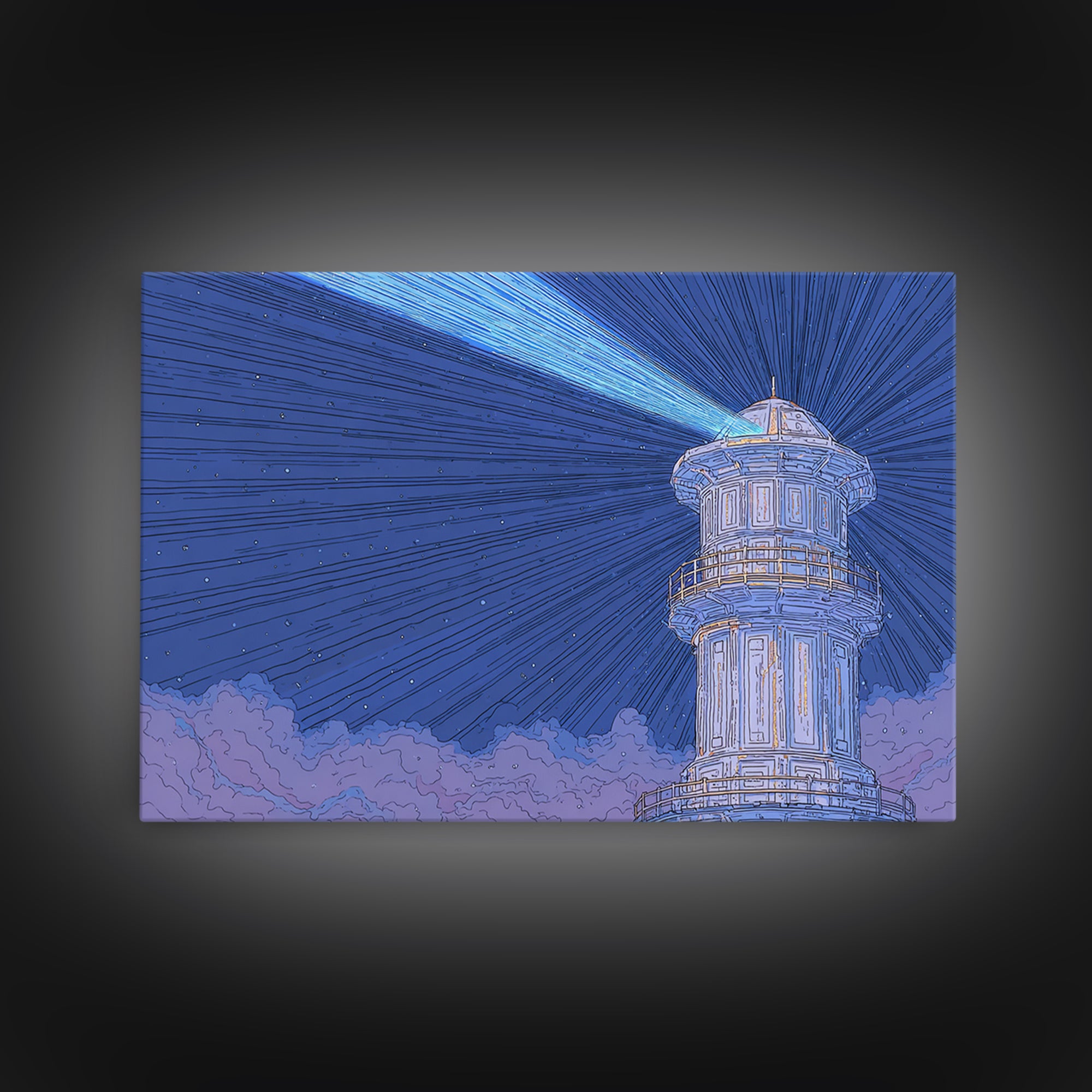Blue Lighthouse Beam Framed Canvas Print, Coastal Night Sky Wall Art, Nautical Modern Poster, Scenic Ocean Home Decor Print
