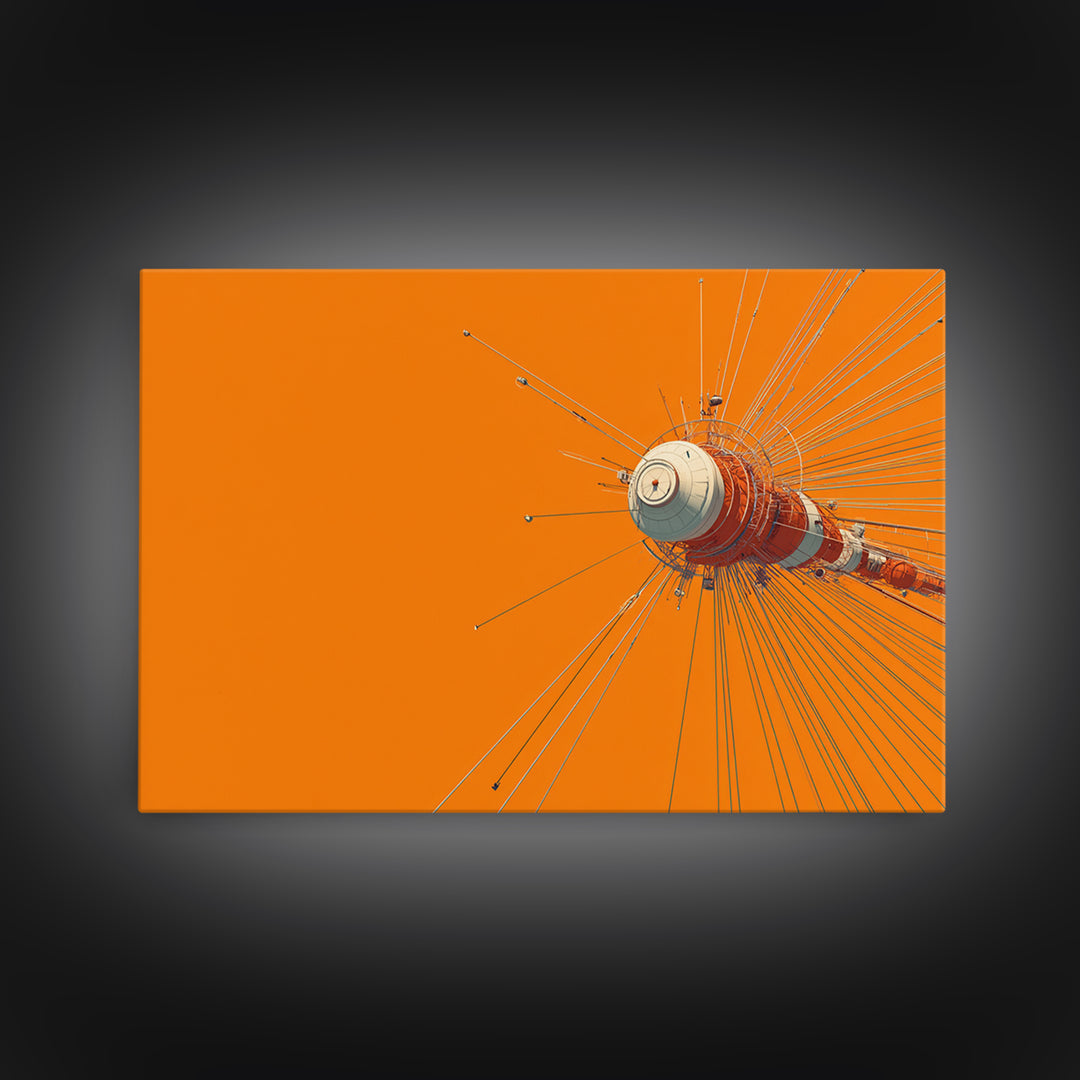 Orange Retro Space Satellite Canvas Print, Sputnik Inspired Antenna Wall Art, Modern Sci Fi Poster, Midcentury Decor Gift