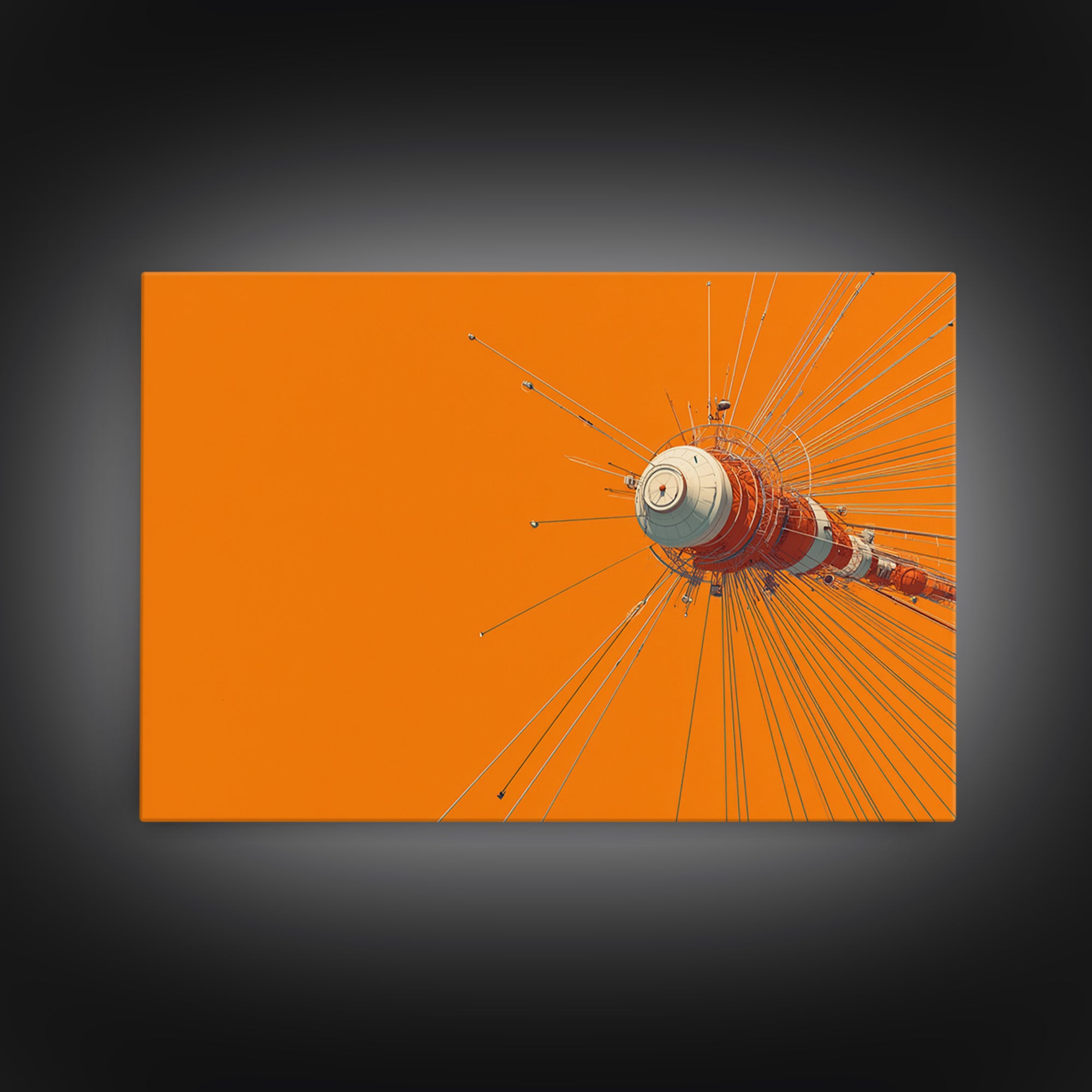 Orange Retro Space Satellite Canvas Print, Sputnik Inspired Antenna Wall Art, Modern Sci Fi Poster, Midcentury Decor Gift