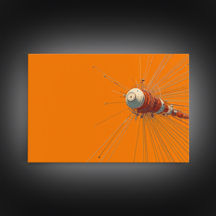 Orange Retro Space Satellite Canvas Print, Sputnik Inspired Antenna Wall Art, Modern Sci Fi Poster, Midcentury Decor Gift