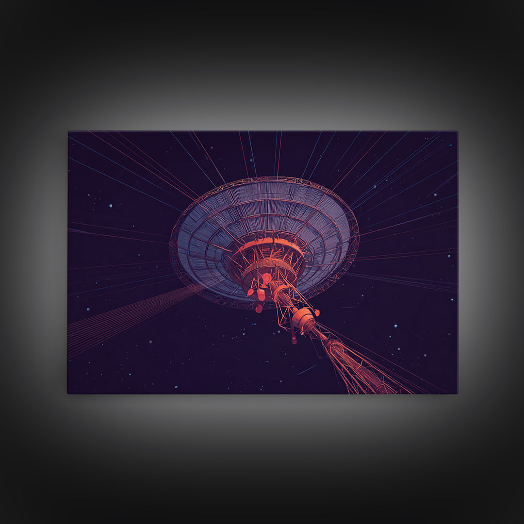 Deep Space Radio Telescope Wall Art, Purple Starry Observatory Dish, Retro Sci Fi Poster, Modern Abstract Canvas Print Decor