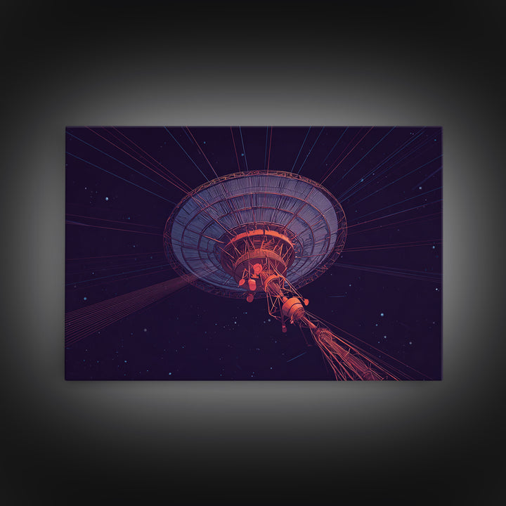 Deep Space Radio Telescope Wall Art, Purple Starry Observatory Dish, Retro Sci Fi Poster, Modern Abstract Canvas Print Decor