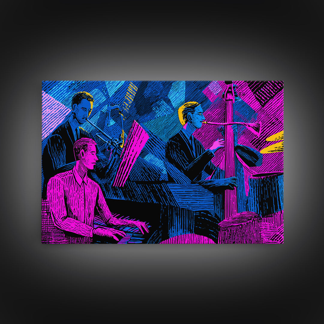 Electric Blue Magenta Jazz Club Trio Wall Art, Midcentury Modern Art Print, Neon Retro Piano Bass Music Room Decor, Poster