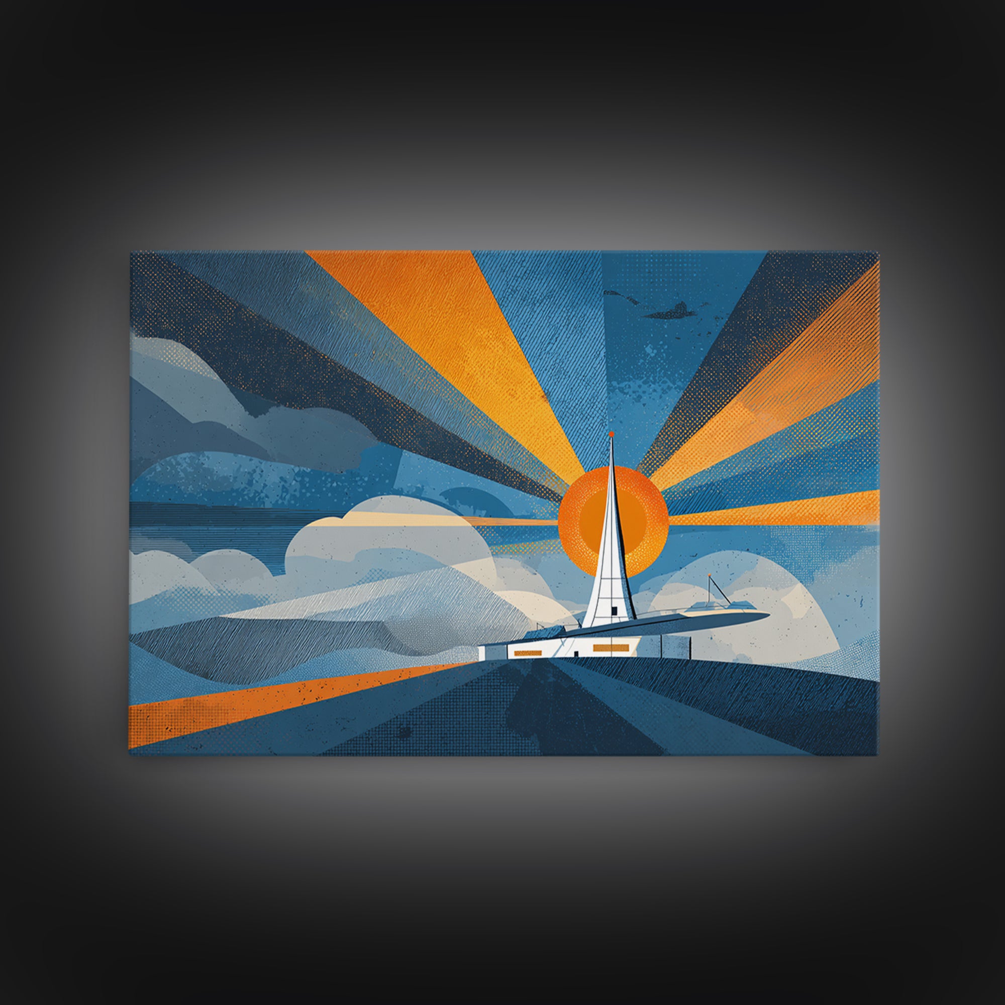 Midcentury Sailboat Sunset Wall Art, Blue Orange Ocean Rays, Retro Travel Poster, Modern Coastal Home Decor Canvas Print