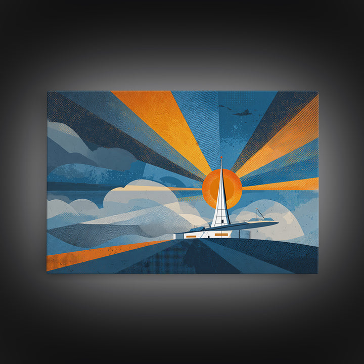 Midcentury Sailboat Sunset Wall Art, Blue Orange Ocean Rays, Retro Travel Poster, Modern Coastal Home Decor Canvas Print