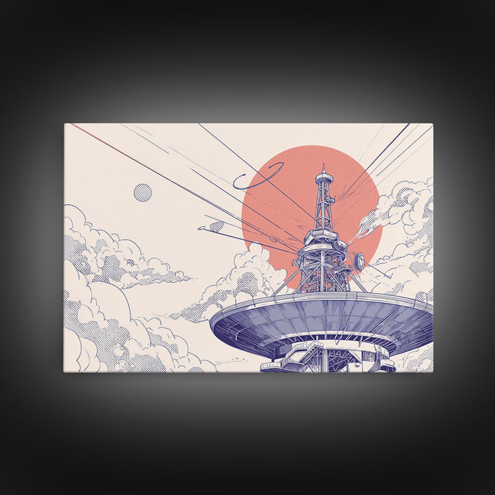 Retro Satellite Dish Under Coral Sun Wall Art, Mid Century Modern Space Poster, Sci Fi Architectural Print, Office Wall Decor