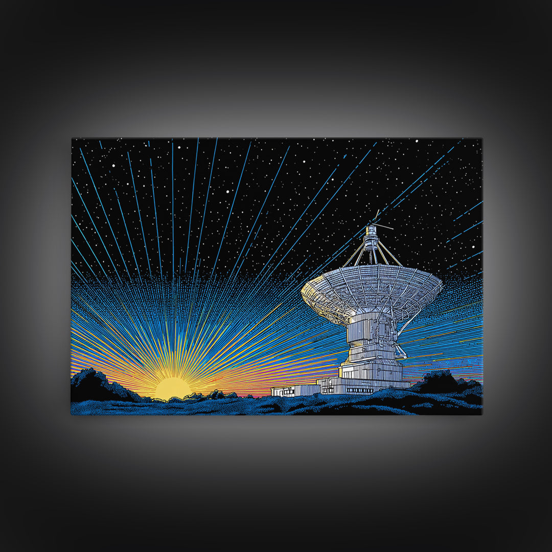 Starry Radio Telescope Sunrise Canvas Print, Mid Century Modern Wall Art, Retro Space Poster, Astronomy Home Office Decor
