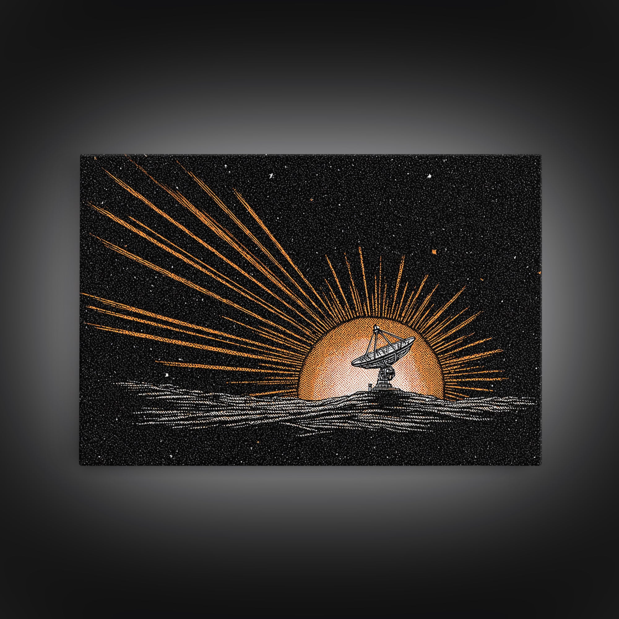 Tiny Satellite Dish On Orange Planet Wall Art, Retro Sci Fi Space Poster, Mid Century Modern Abstract Art Print, Man Cave Decor