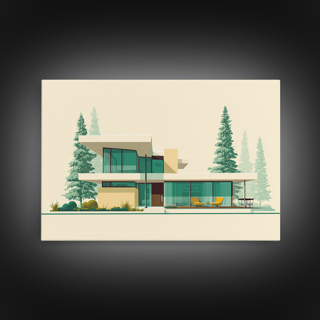 Minimal Glass House With Pines Framed Canvas Print, Mid Century Modern Architecture Wall Art, Scandinavian Modern Home Decor