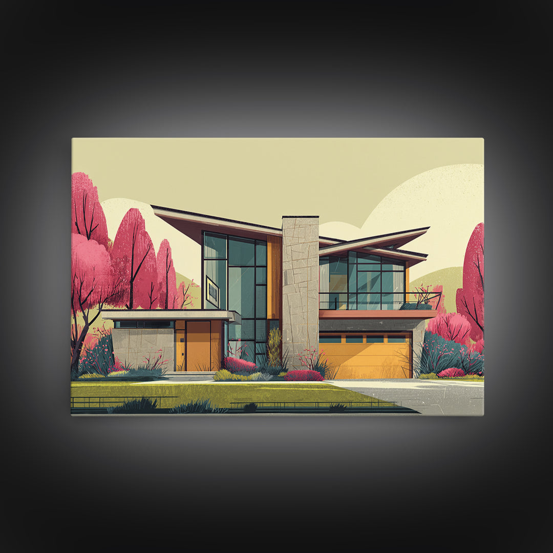 Angular Modern Home With Pink Trees Wall Art, Mid Century Modern Architecture Print, Colorful Retro Home Decor, MCM Poster