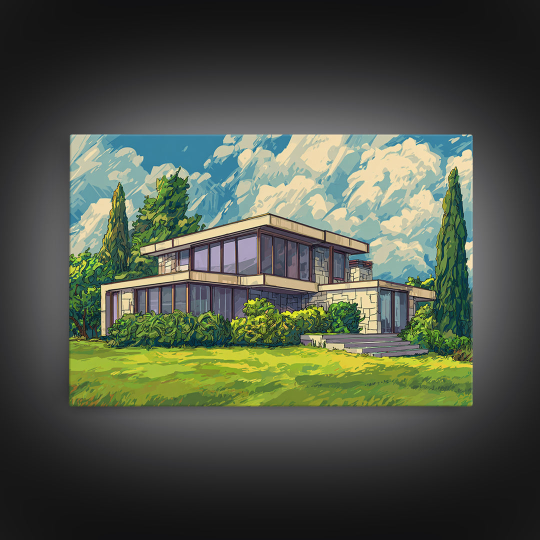 Sunlit Glass Villa And Cypress Garden Canvas Print, Mid Century Modern Wall Art, Architectural Landscape Poster, Living Room Decor