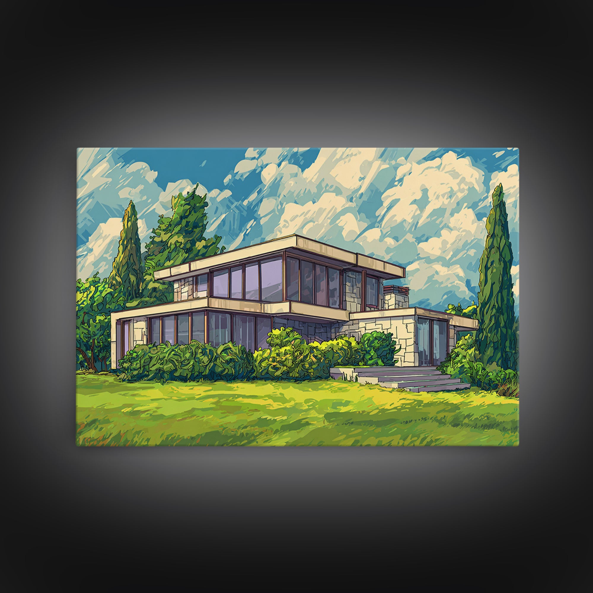 Sunlit Glass Villa And Cypress Garden Canvas Print, Mid Century Modern Wall Art, Architectural Landscape Poster, Living Room Decor