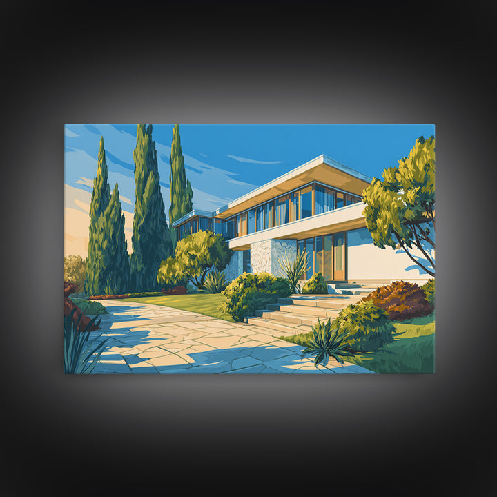 Blue Sky Modernist Villa With Cypress Framed Canvas Print, Mid Century Modern Wall Art, Palm Springs Style Home Decor Poster