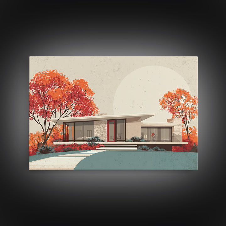 Autumn Mid Century House With Orange Trees Wall Art, Retro Modern Architecture Print, MCM Home Decor, Large Canvas Poster