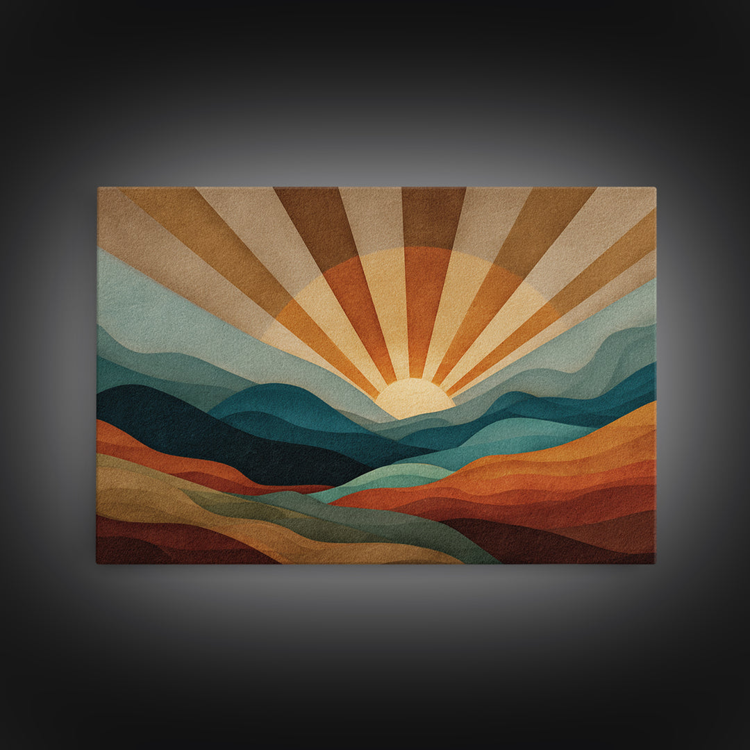 Layered Mountain Sunrise In Teal And Rust Canvas Print, Mid Century Modern Abstract Wall Art, Retro Boho Living Room Decor