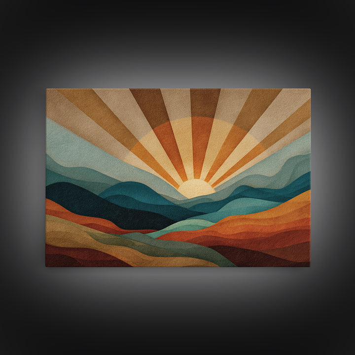 Layered Mountain Sunrise In Teal And Rust Canvas Print, Mid Century Modern Abstract Wall Art, Retro Boho Living Room Decor