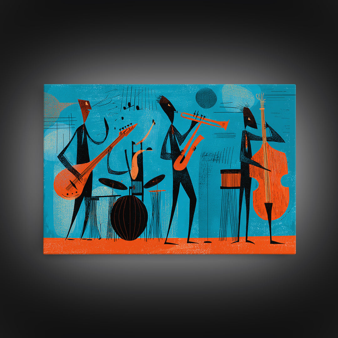 Teal Orange Midcentury Jazz Band With Drums And Bass Canvas Print, Atomic Modern Wall Art, Retro Music Room Decor, Poster