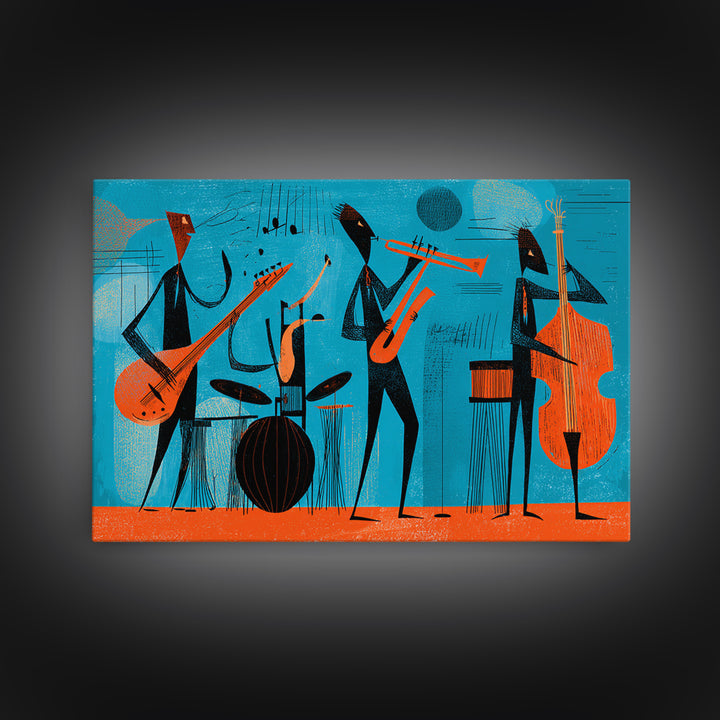 Teal Orange Midcentury Jazz Band With Drums And Bass Canvas Print, Atomic Modern Wall Art, Retro Music Room Decor, Poster