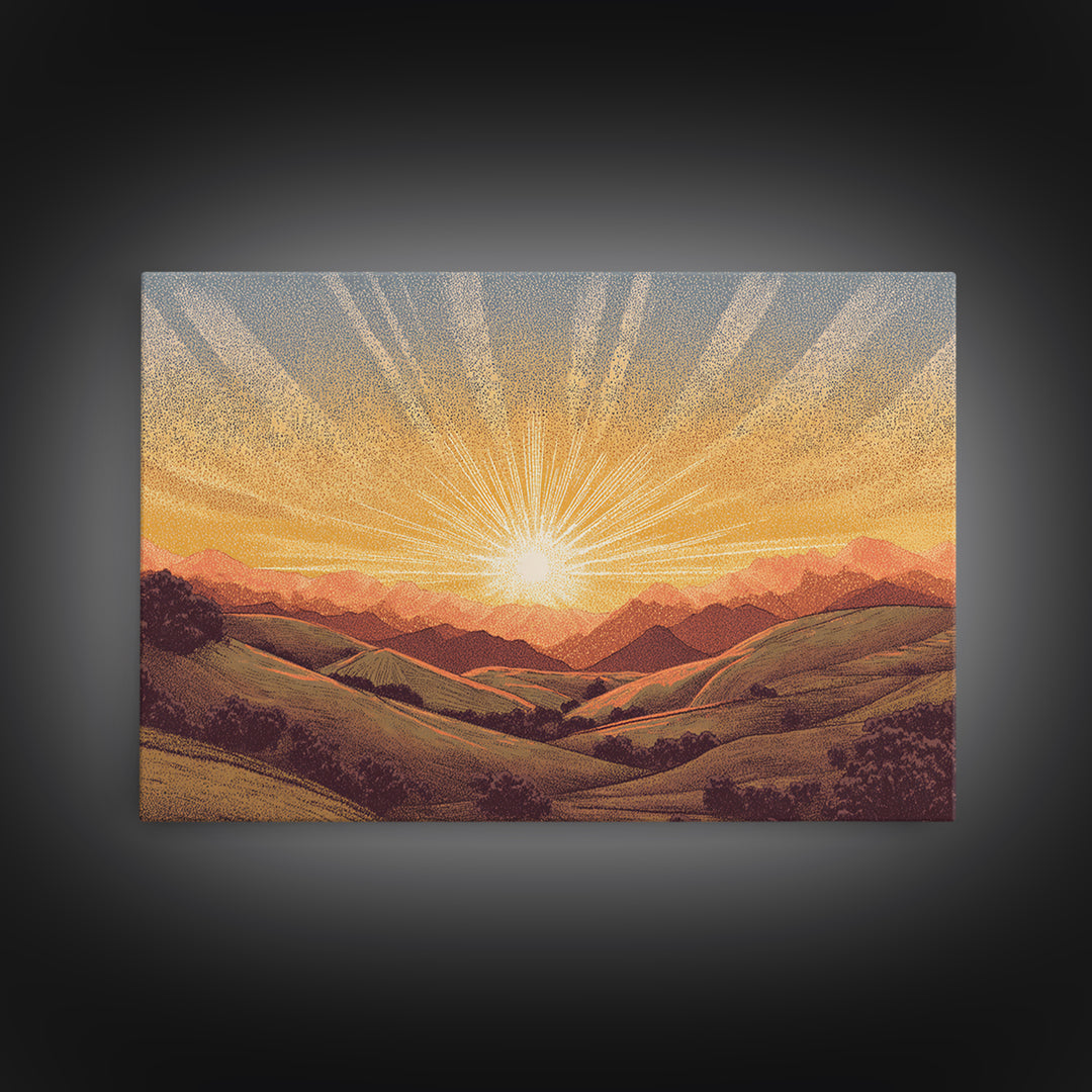 Golden Sunrise Over Rolling Hills Wall Art, Scenic Landscape Poster, Mid Century Modern Nature Art, Warm Bedroom Decor Print