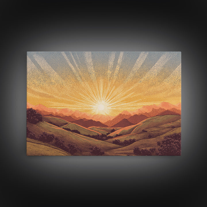 Golden Sunrise Over Rolling Hills Wall Art, Scenic Landscape Poster, Mid Century Modern Nature Art, Warm Bedroom Decor Print