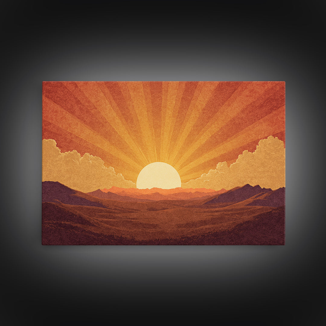 Orange Desert Sunrise Wall Art, Retro Sunburst Landscape Print, Mid Century Modern Decor, Warm Southwestern Living Room Art