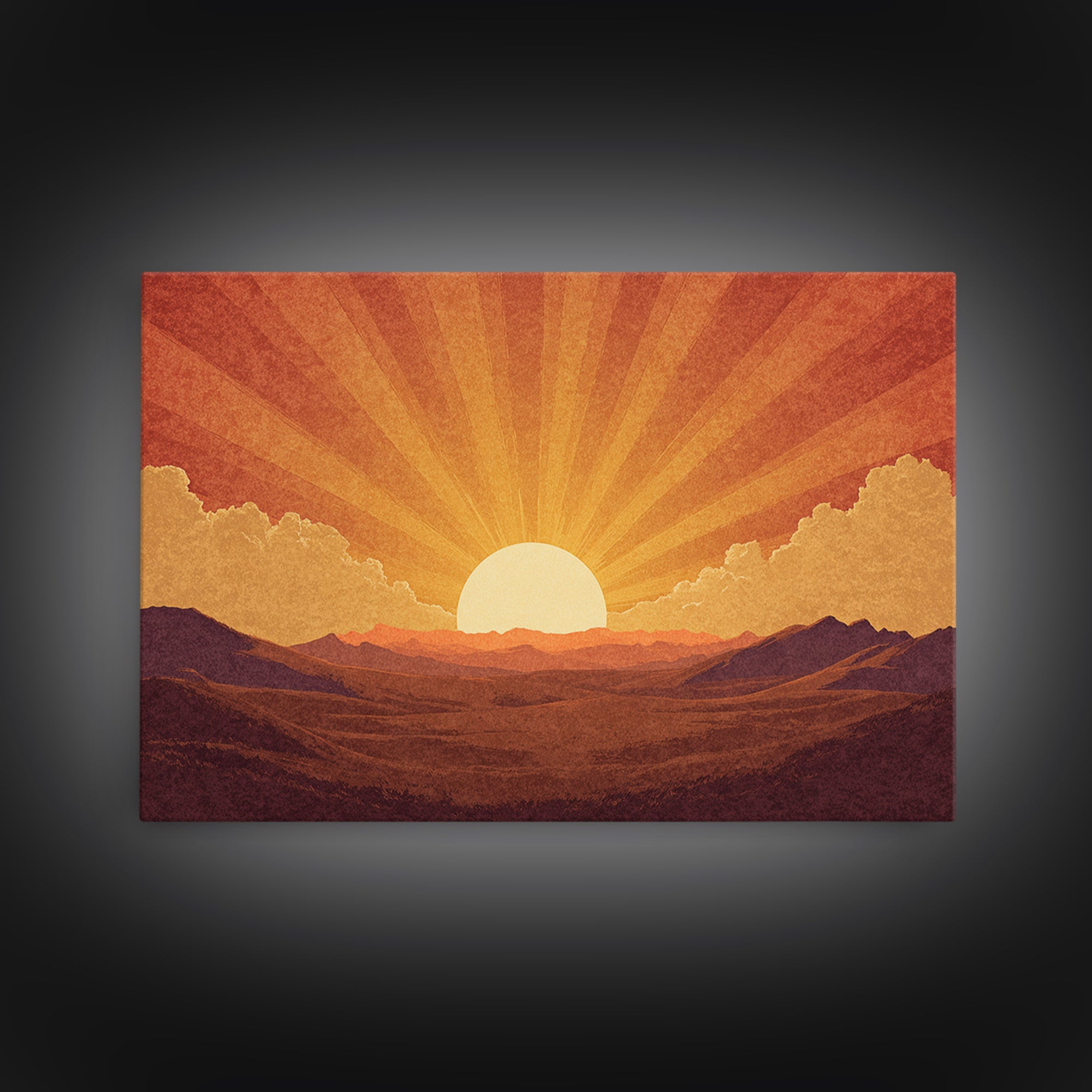 Orange Desert Sunrise Wall Art, Retro Sunburst Landscape Print, Mid Century Modern Decor, Warm Southwestern Living Room Art