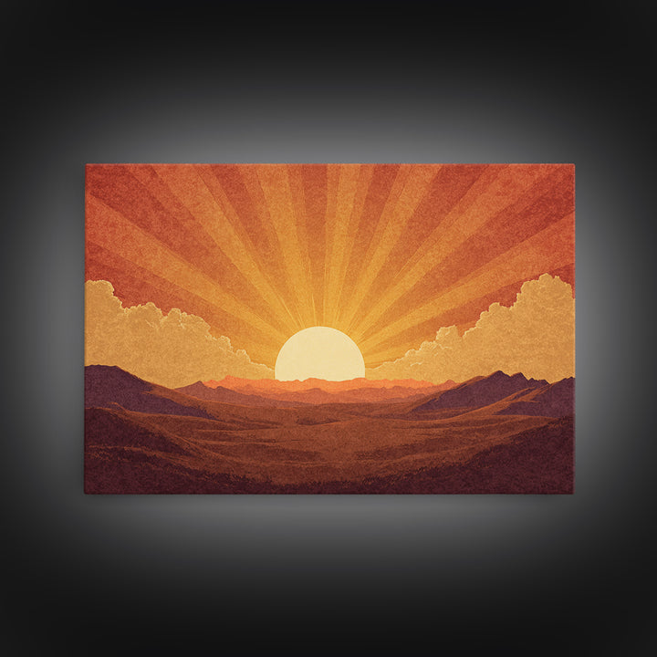 Orange Desert Sunrise Wall Art, Retro Sunburst Landscape Print, Mid Century Modern Decor, Warm Southwestern Living Room Art